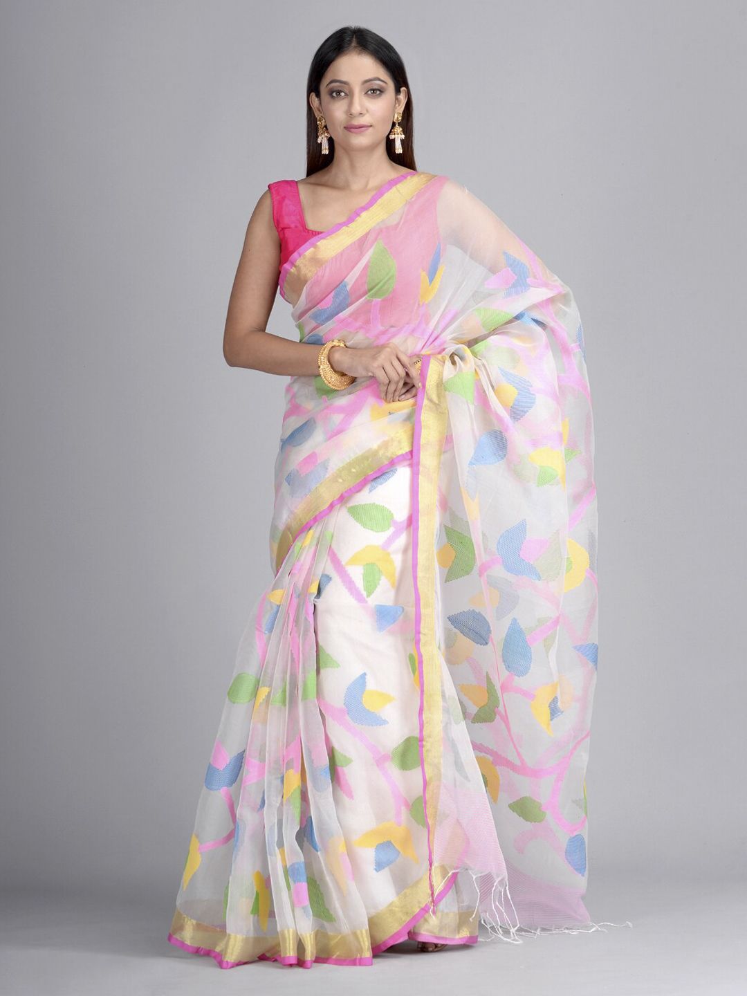 Mitera Multicoloured Pure Silk Printed Taant Saree Price in India
