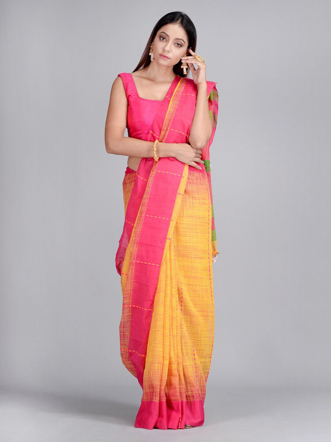 Mitera Yellow & Pink Pure Cotton Woven Design Taant Saree Price in India