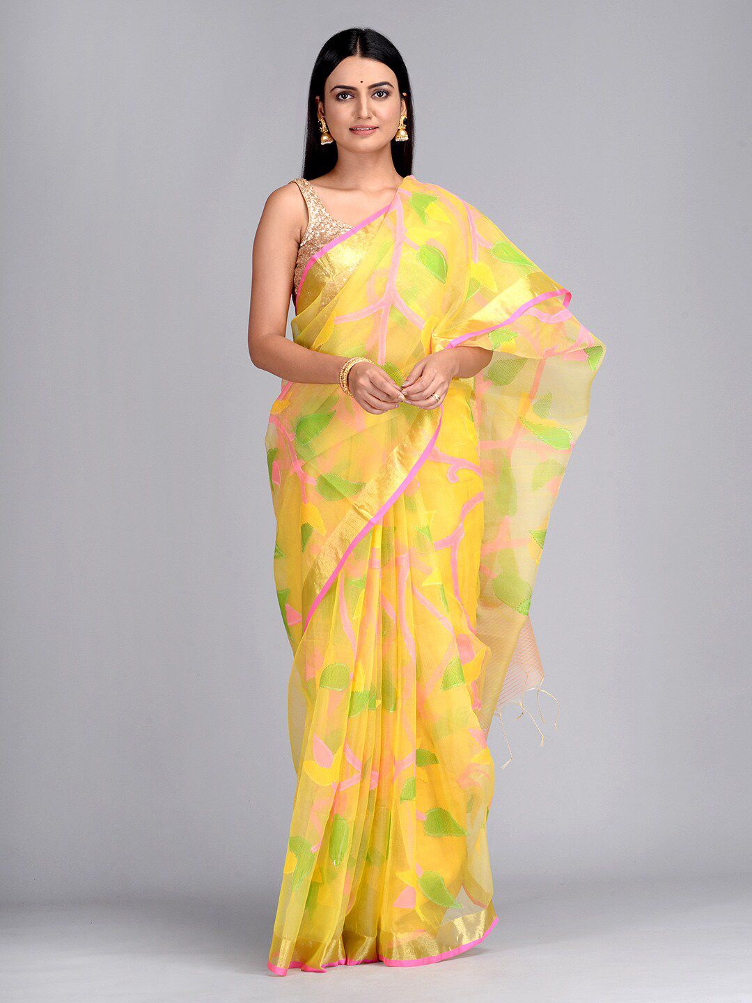 Mitera Yellow Pure Silk Woven Design Taant Saree Price in India