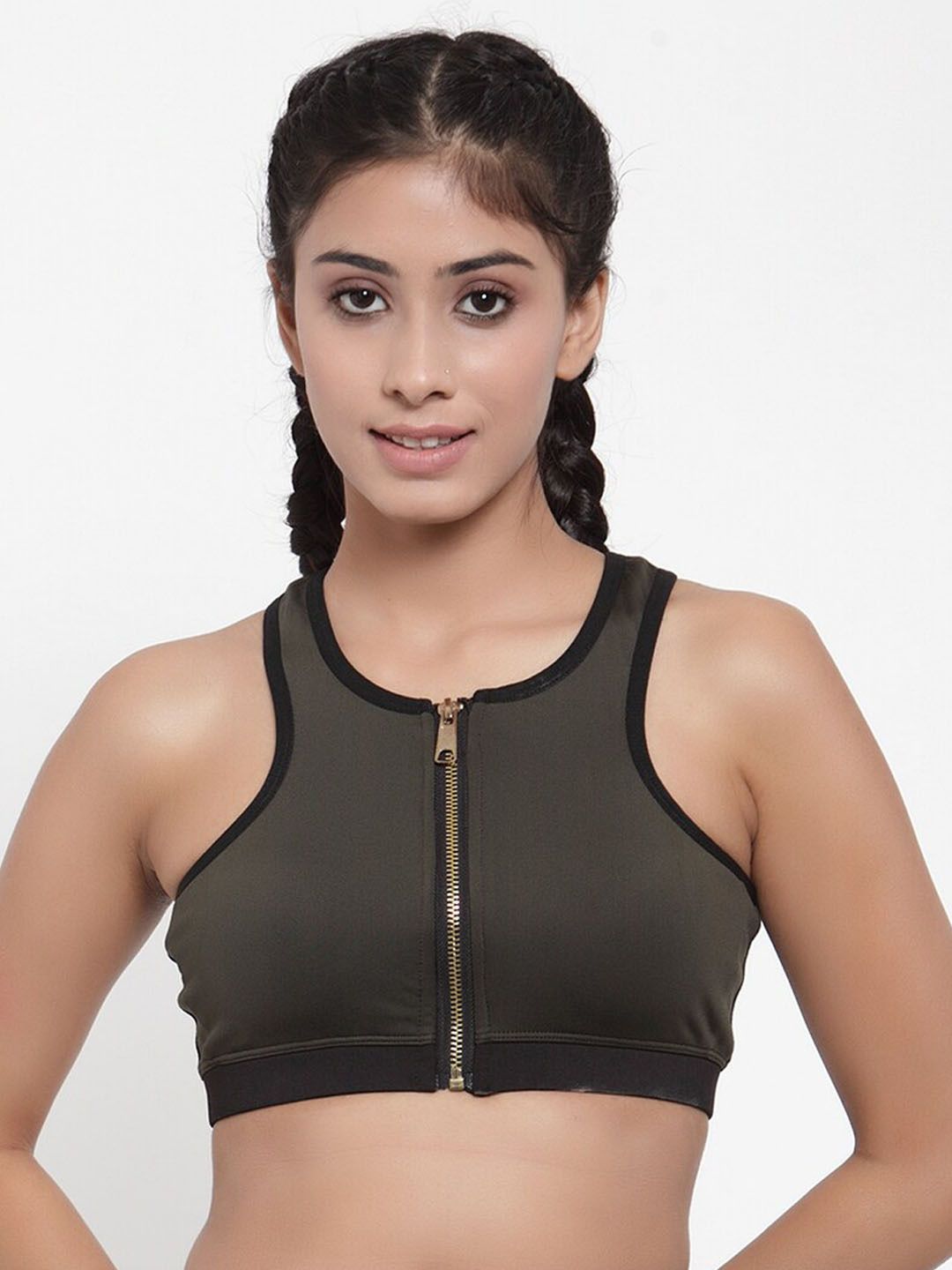 Invincible Women Olive Green Solid Front Zip Sports Bra TE9212XP2OLVXS Price in India