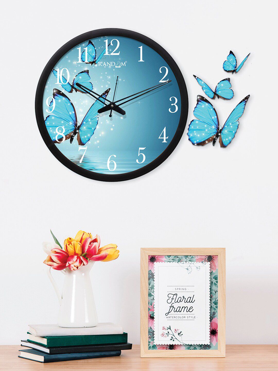 RANDOM Unisex Blue & Black Printed Analogue Wall Clock with 3 Decorative Plaques Price in India