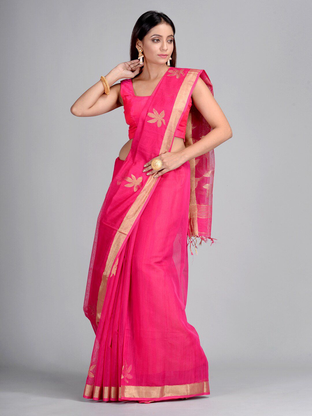 Mitera Pink Silk Blend Woven Design Taant Saree Price in India