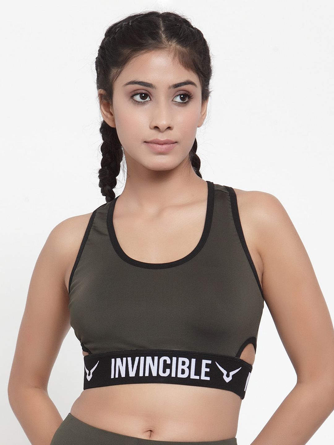 Invincible Women Olive Green Solid Non-Wired Lightly Padded Workout Bra TE9207XP2OLVXS Price in India