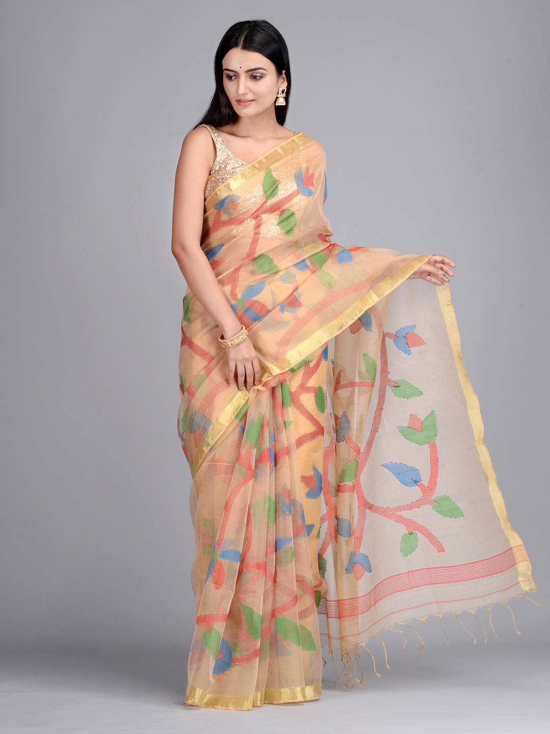Mitera Beige Pure Silk Woven Design Taant Saree Price in India