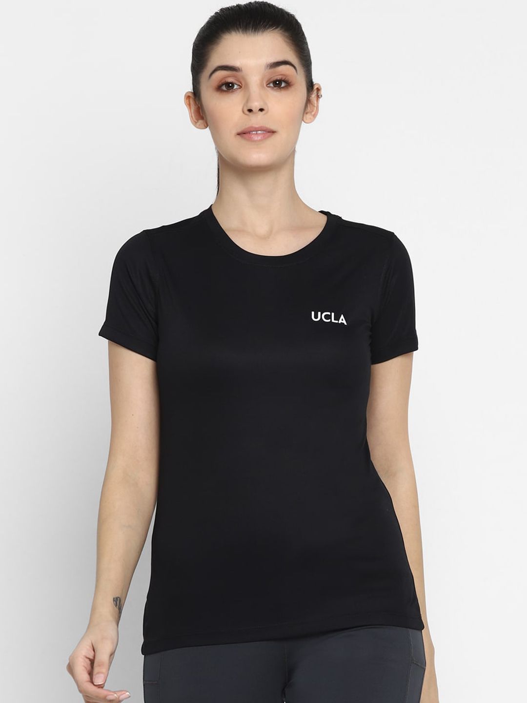 UCLA Women Black Solid Round Neck T-shirt Price in India