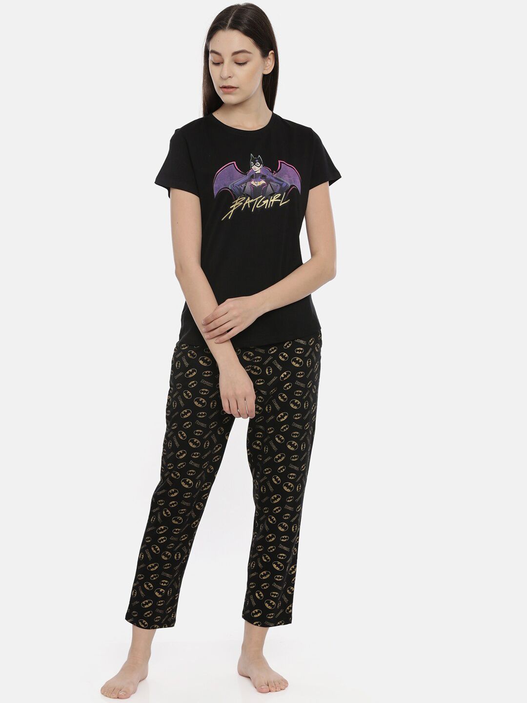 Snarky Gal Women Black & Yellow Batgirl Printed Night Suit Price in India