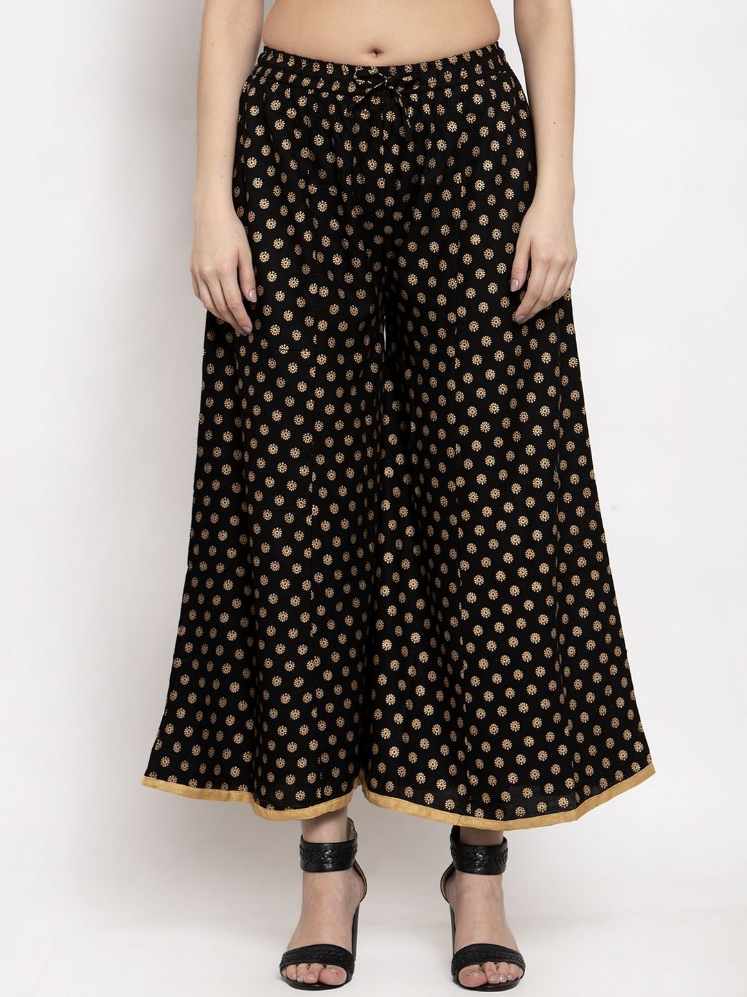 Miaz Lifestyle Women Black & Gold Printed Flare-Fit Palazzos Price in India