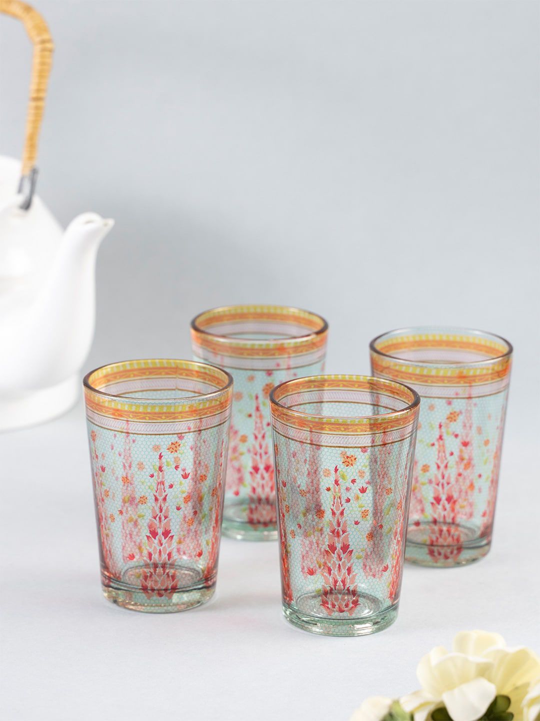 Kolorobia Blue & Pink Set of 4 Babur Charbagh Inspired Chai Glass Price in India