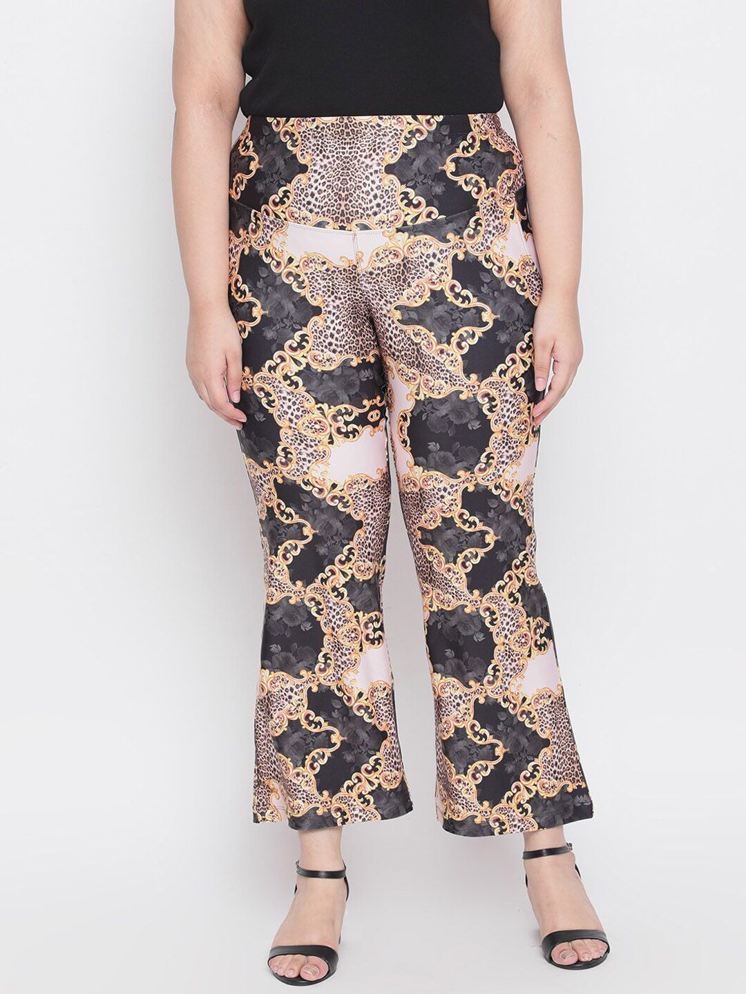 Amydus Women Plus Size Brown & Black Scarf Print Flared Trousers Price in India