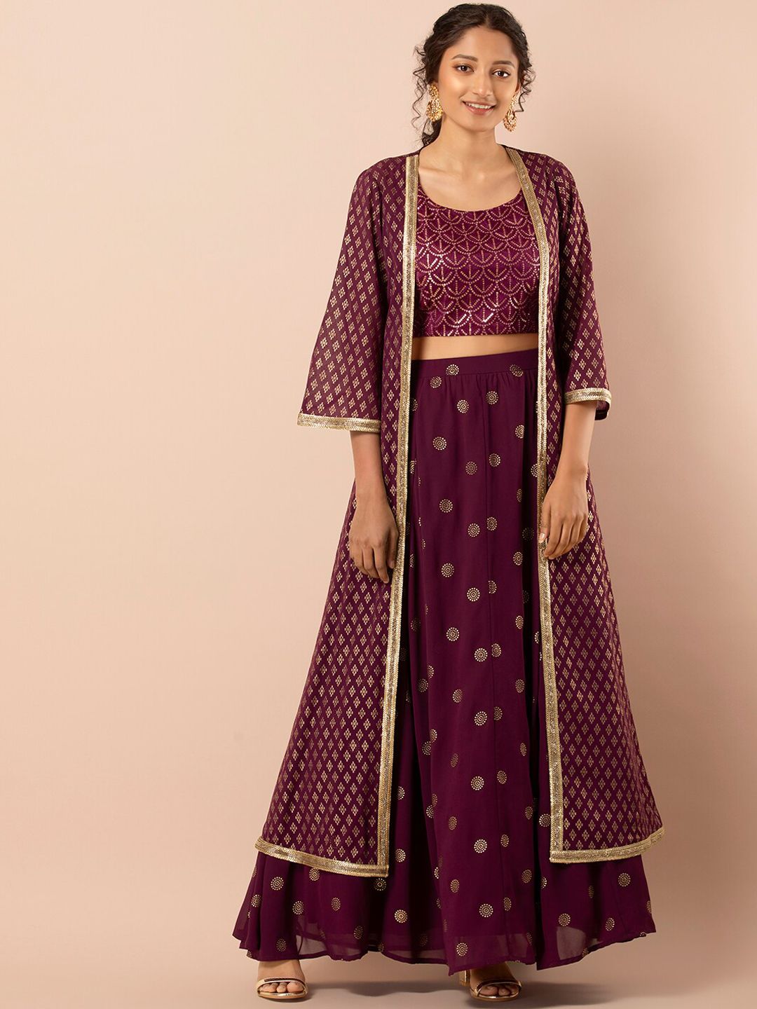 INDYA Women Purple & Gold-Colour Foil Printed Georgette Maxi Jacket Price in India