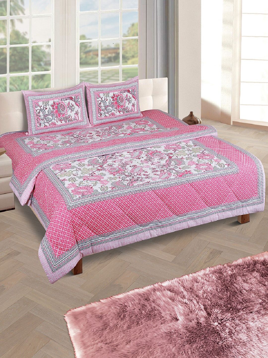 ROMEE Pink & White Floral Printed 210 TC Bedding Set Price in India