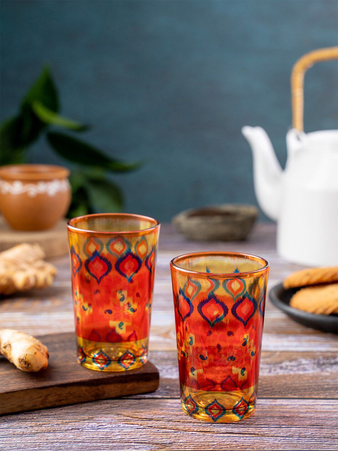 KOLOROBIA Set of 2 Orange & Yellow Ikat Printed Chai Glasses Price in India