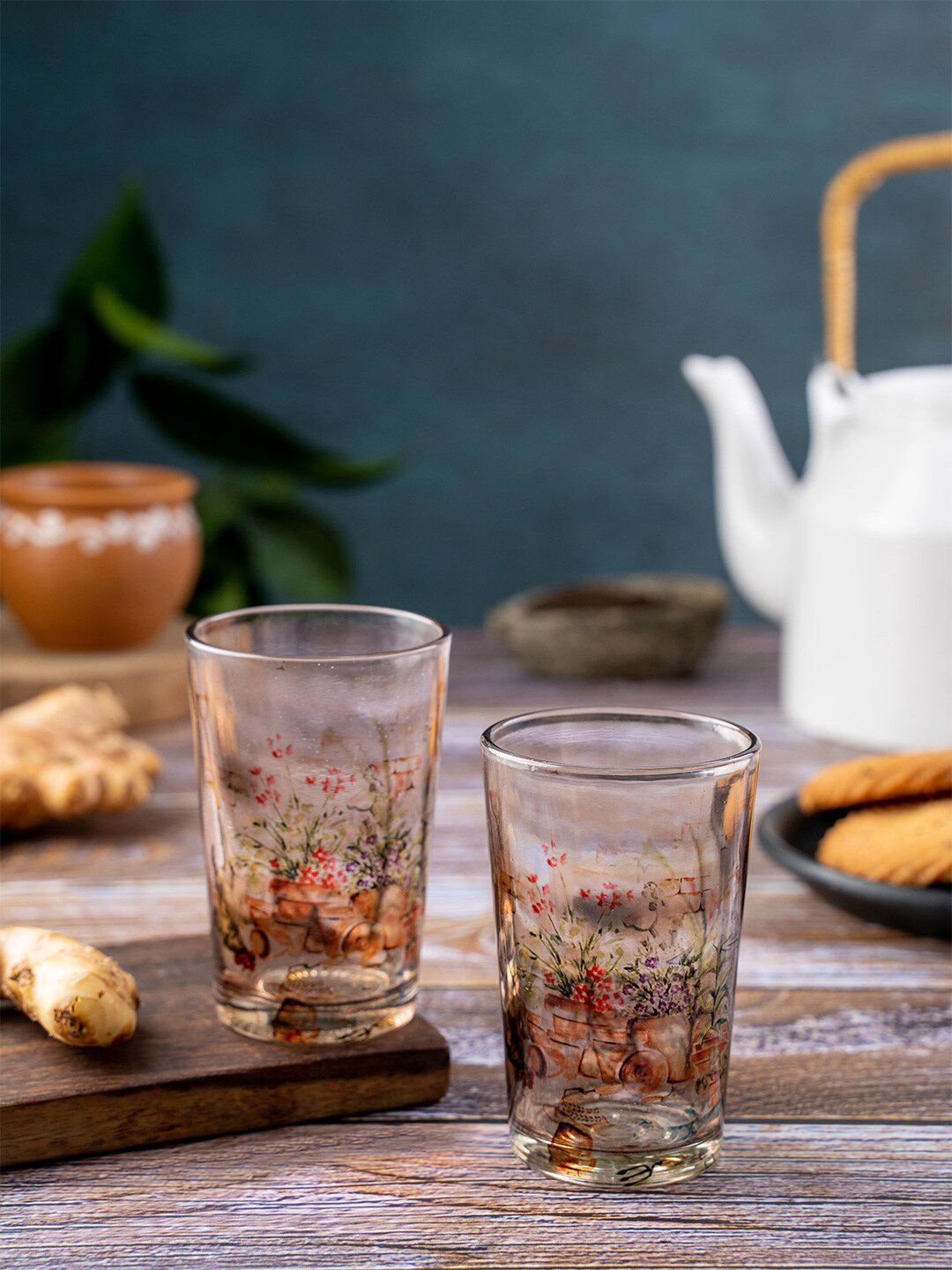 KOLOROBIA Transparent Set Of 2 Printed Glass Cups Set Price in India