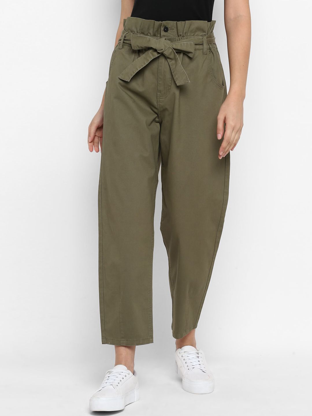 FOSH Women Olive Green Smart Regular Fit Solid Parallel Trousers