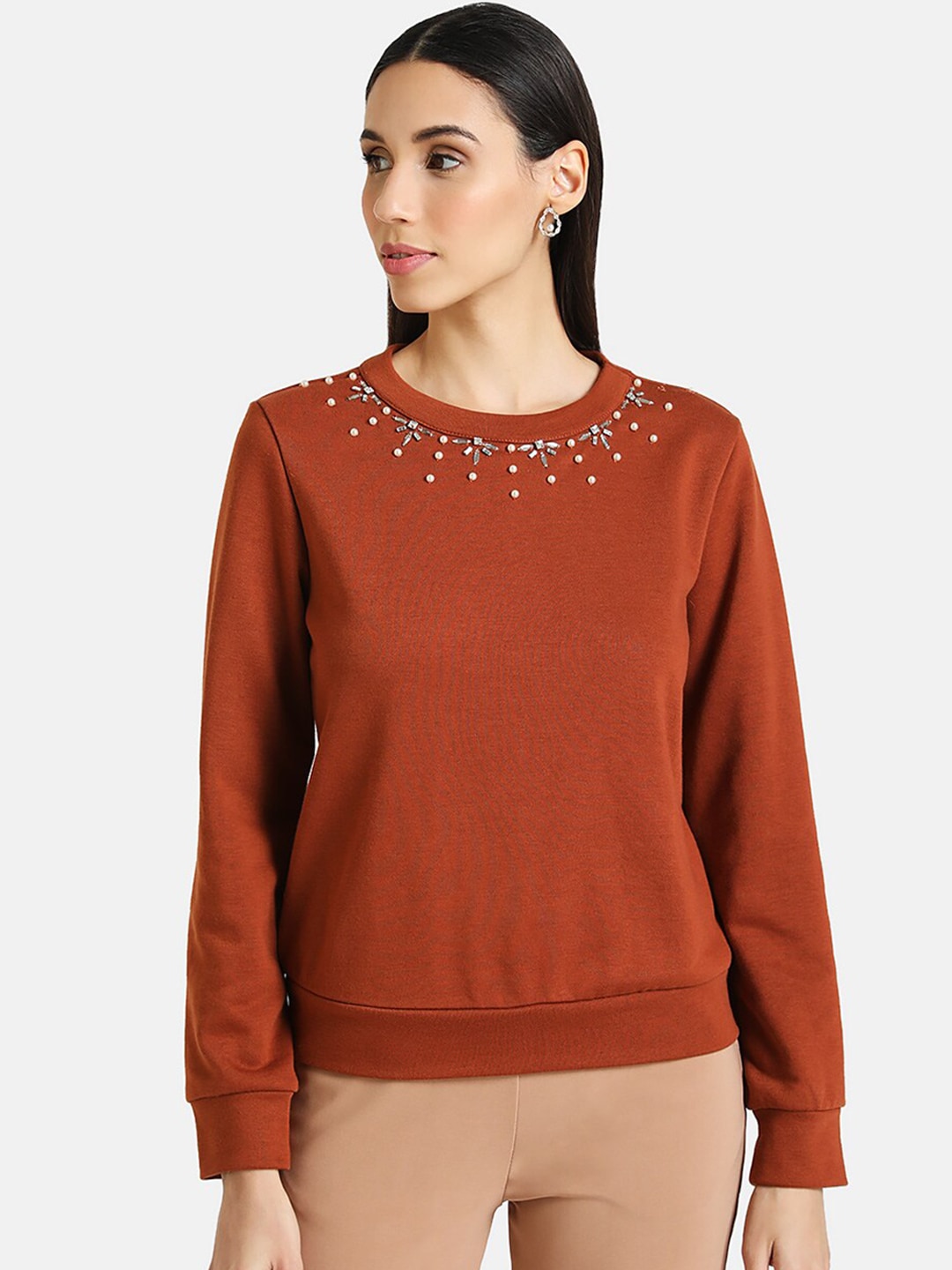 Kazo Women Rust Brown Embellished Pullover Sweater Price in India