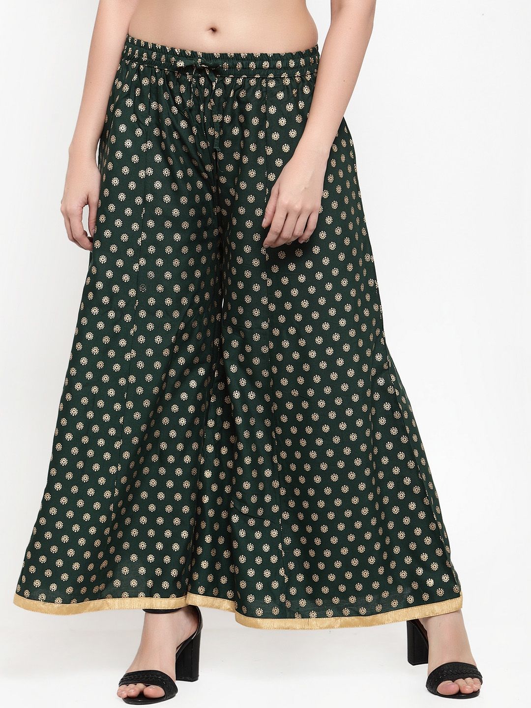 Miaz Lifestyle Women Green & Gold-Coloured Printed Flared Palazzos Price in India