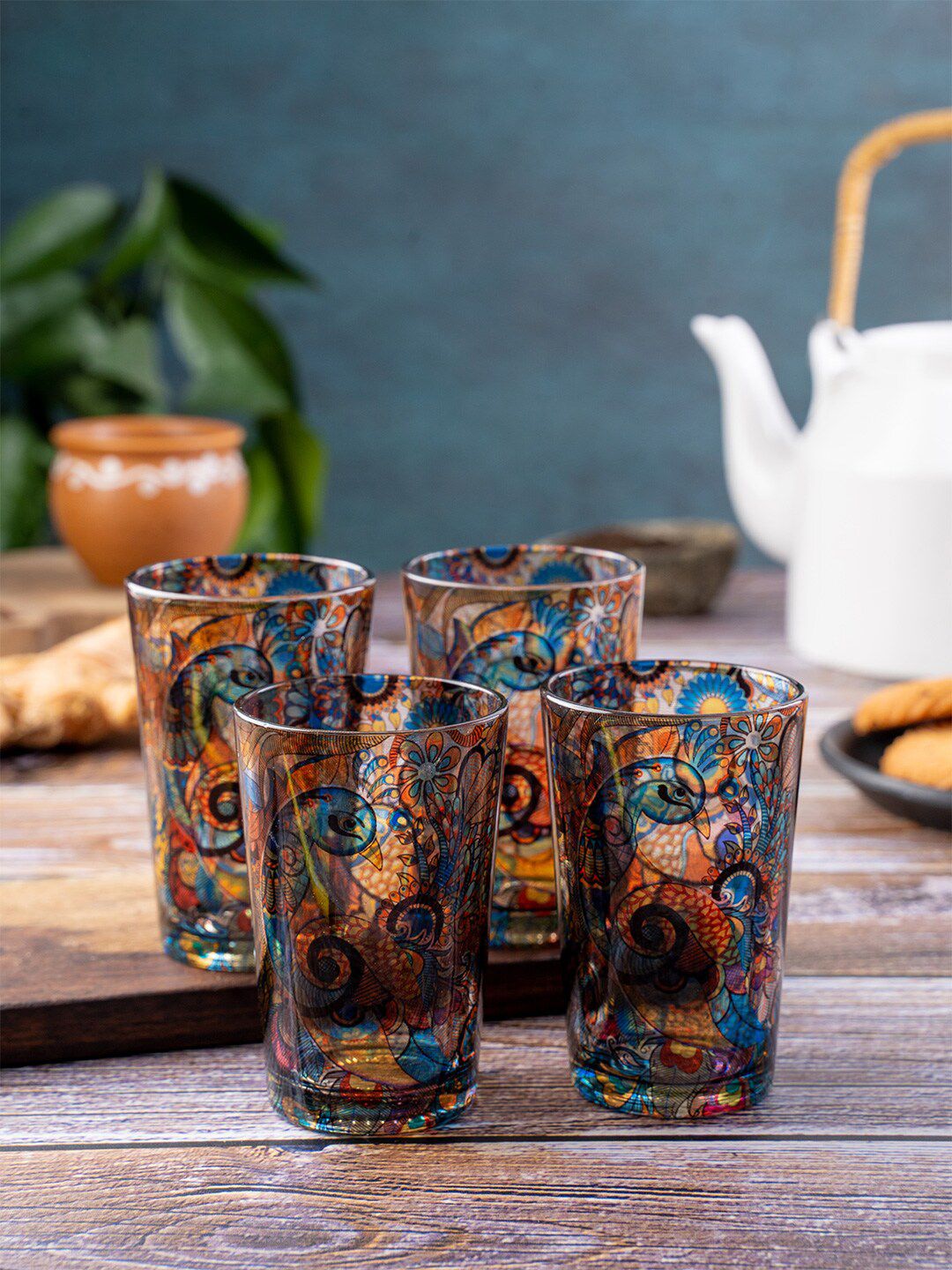 Kolorobia Set Of 2 Blue & Brown Peacock Admiration Printed Chai Glasses Price in India