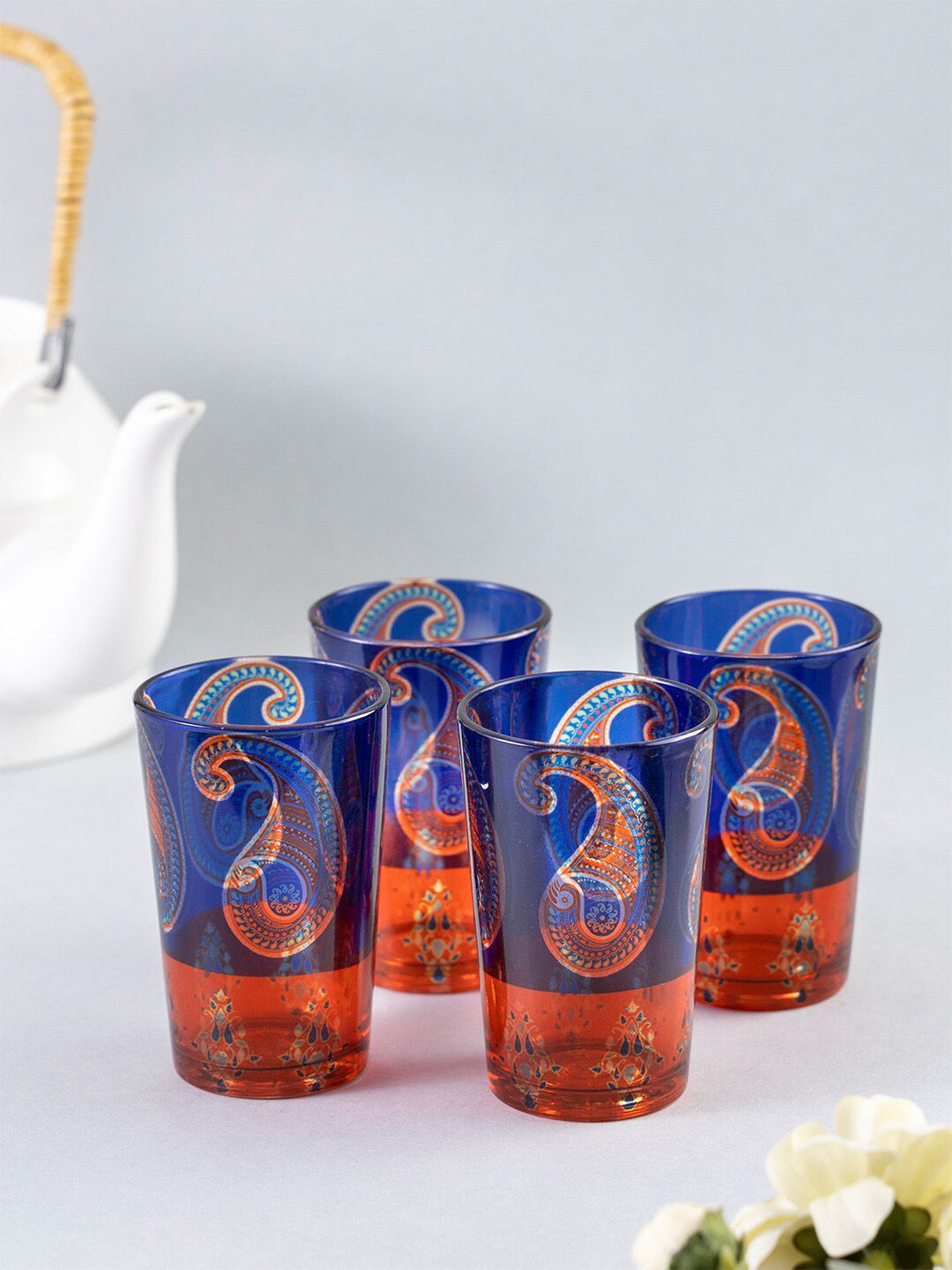 KOLOROBIA Set Of 2 Red & Blue Handpainted Chai Glasses Price in India