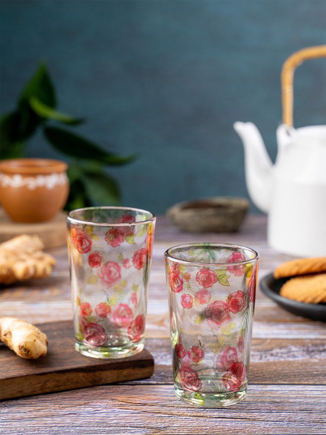 KOLOROBIA Set Of 2 Transparent & Red Printed Chai Glasses Price in India