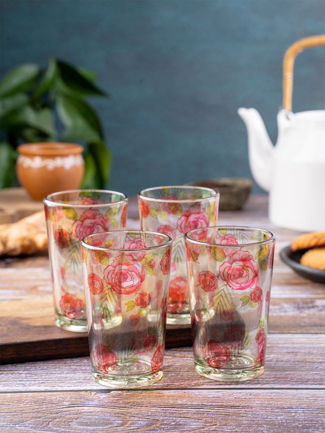 KOLOROBIA Pink & Green Set of 4 Misty Morning Roses Chai Glasses Price in India