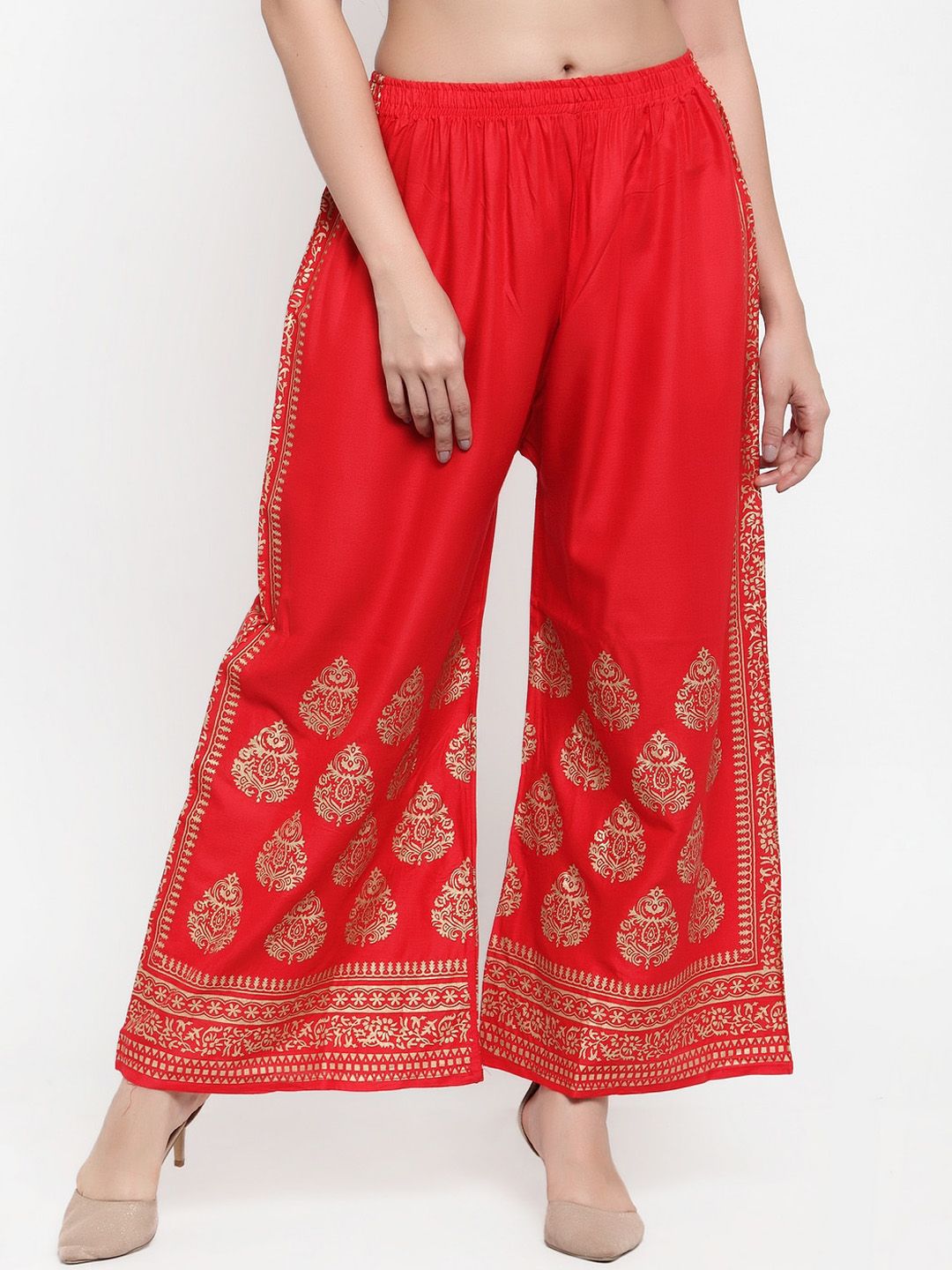 Miaz Lifestyle Women Red & Gold-Colour Printed Wide Leg Palazzo Price in India