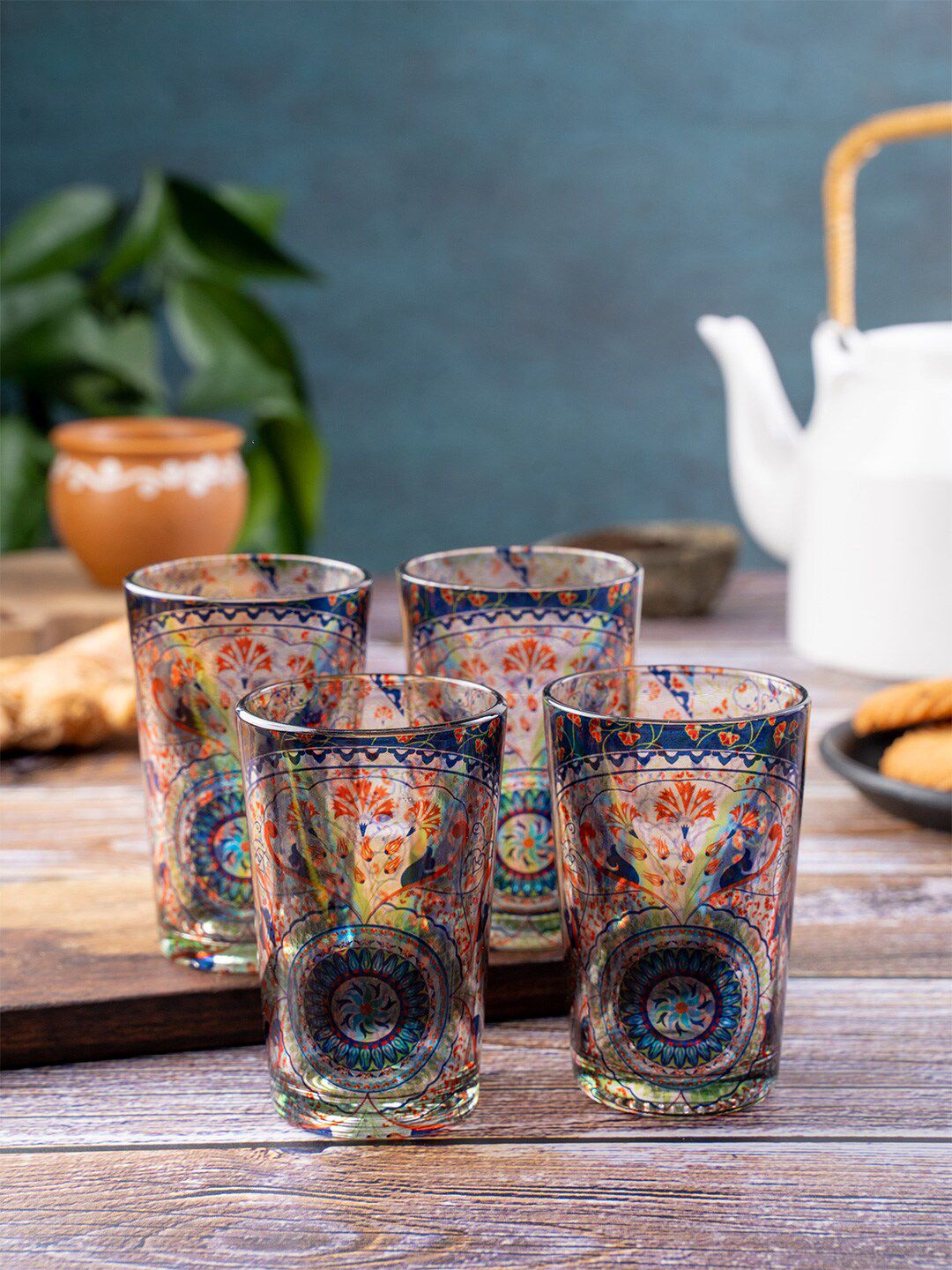 Kolorobia Set Of 4 Blue & Orange Turkish Fervor Printed Chai Glasses Price in India