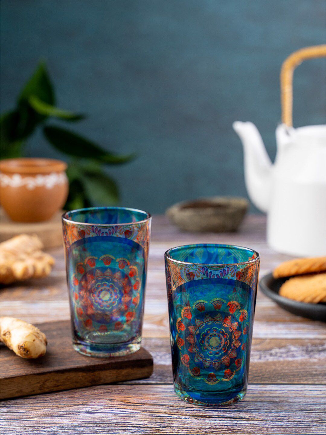 KOLOROBIA Blue & Red Set of 2 Egyptian Tranquility Chai Glass Price in India