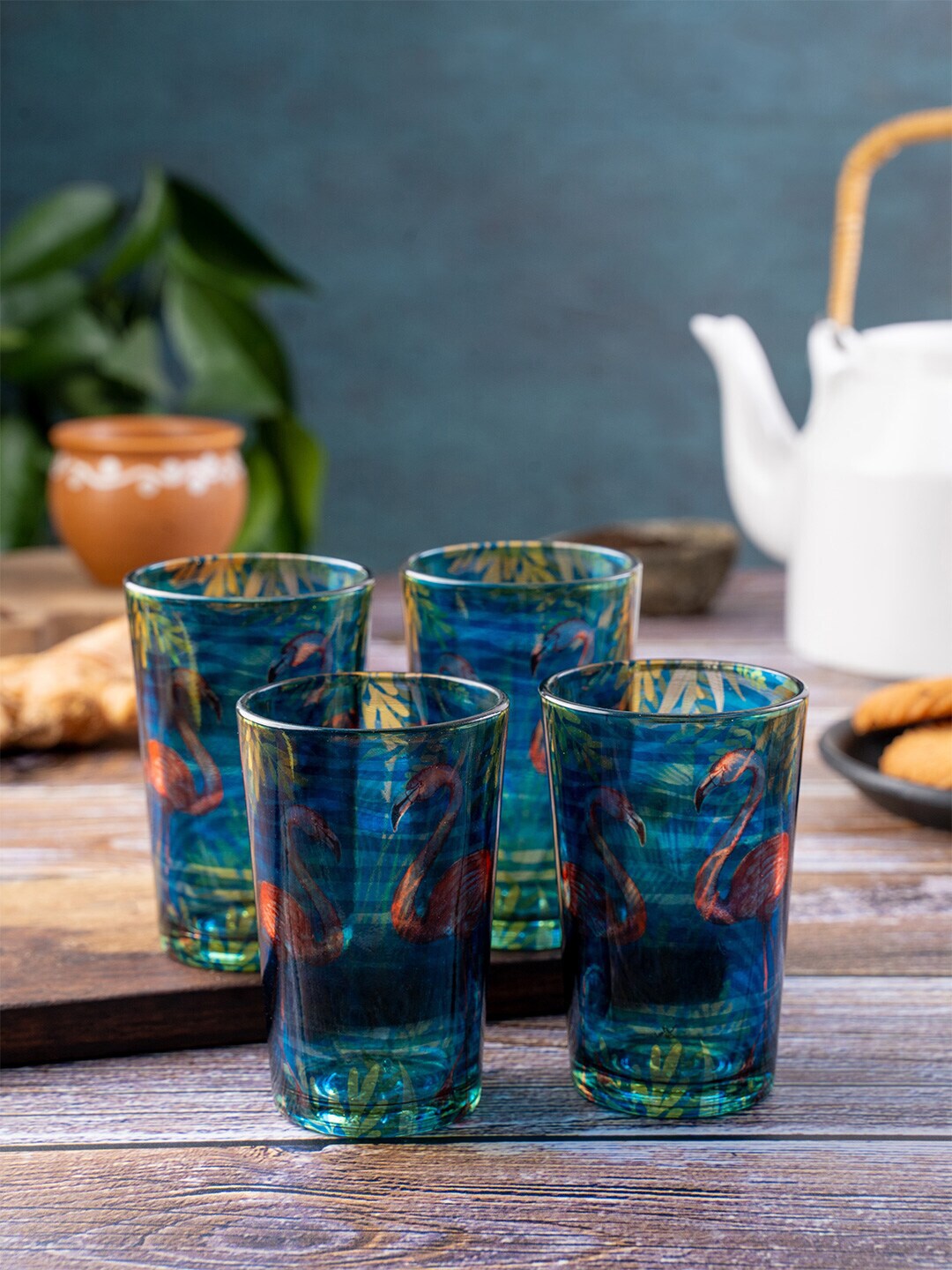 KOLOROBIA Multicoloured Set Of 4 Printed Glass Cups Price in India