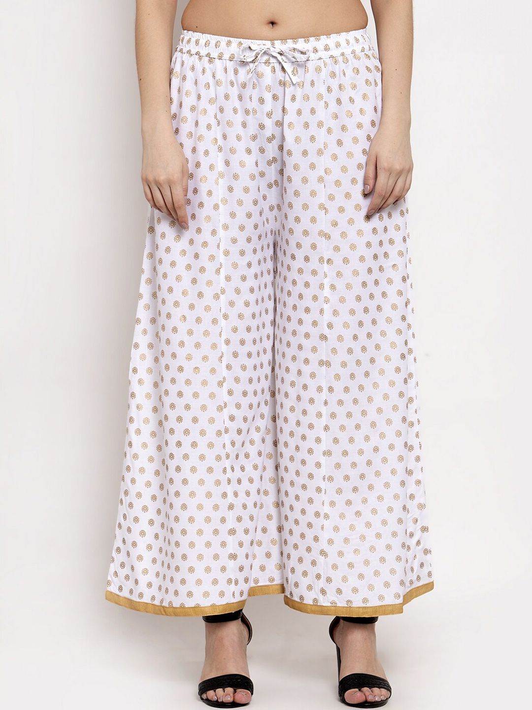 Miaz Lifestyle Women White & Gold-Coloured Printed Flared Palazzos Price in India