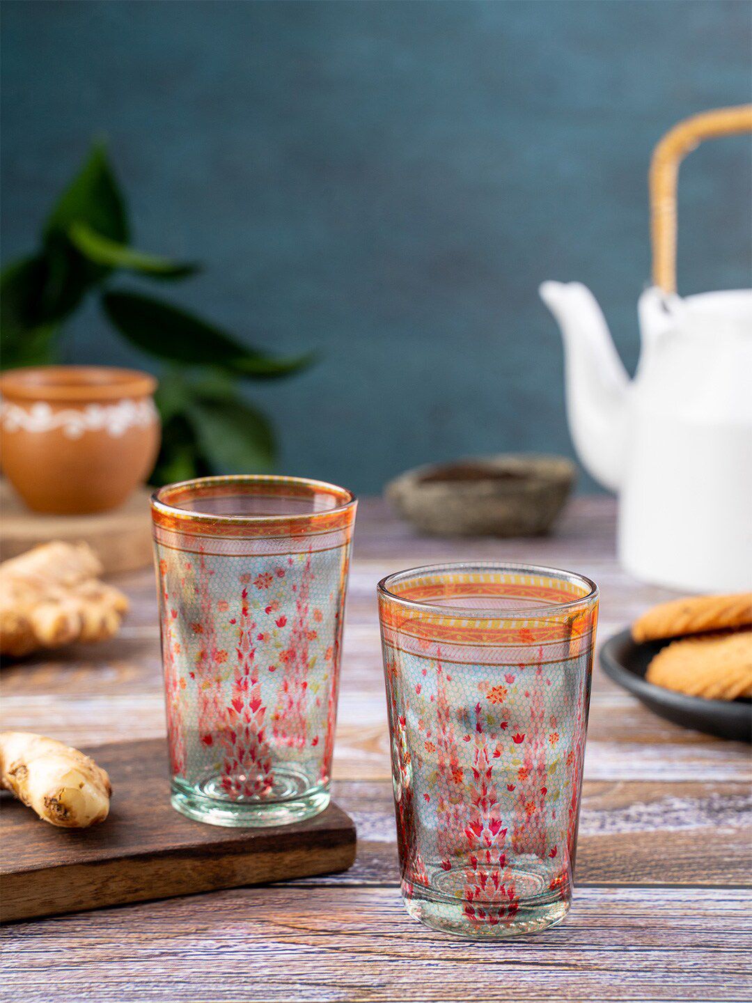 KOLOROBIA Set Of 2 Transparent & Red Printed Babur Charbagh Inspired Chai Glass Price in India