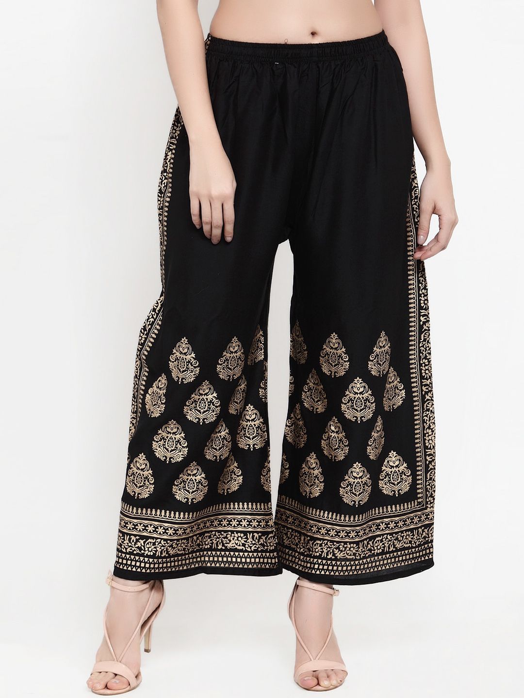 Miaz Lifestyle Women Black & Gold Printed Wide-Leg Palazzos Price in India