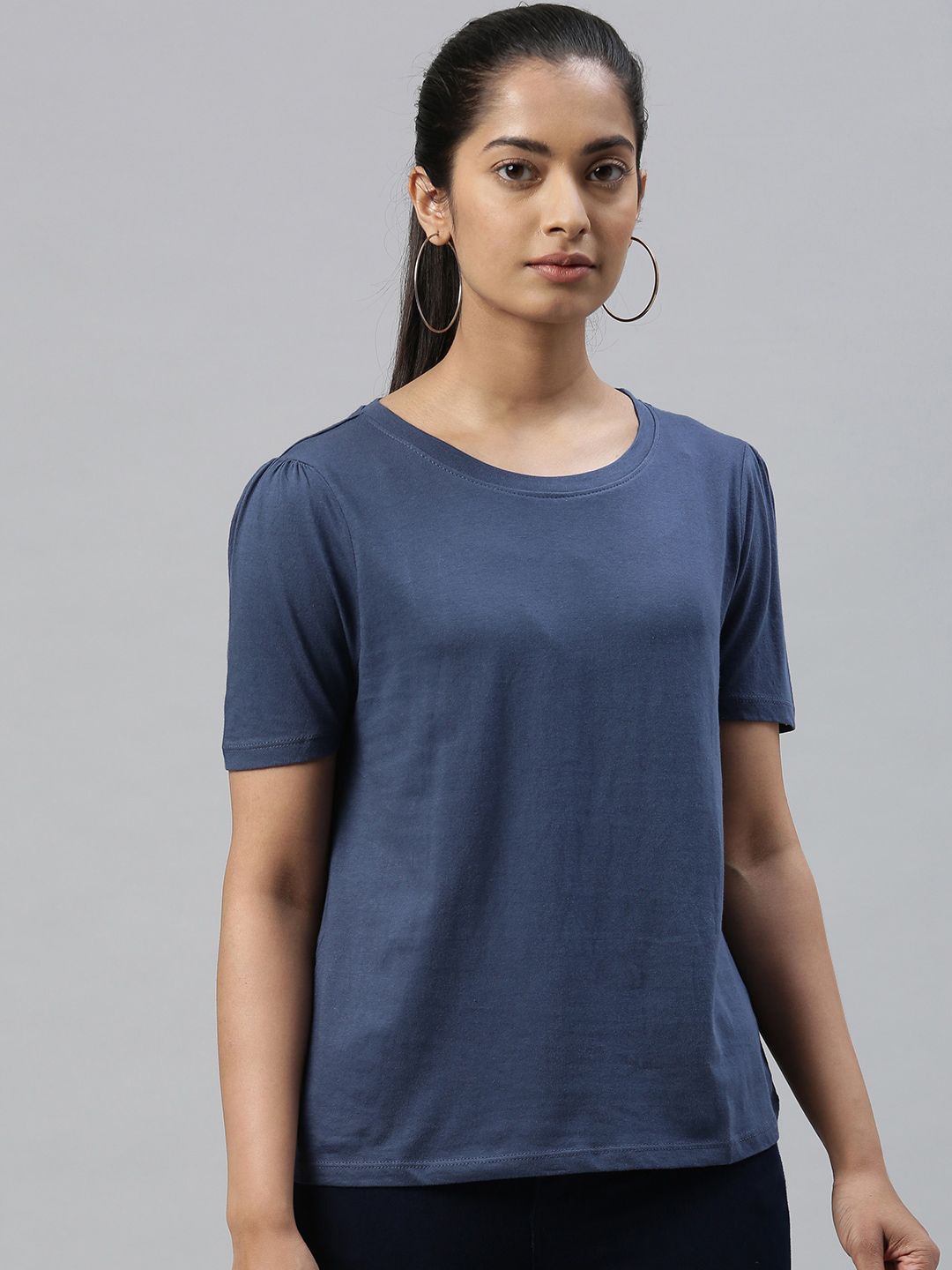 Kryptic Women Blue Solid Round Neck T-shirt