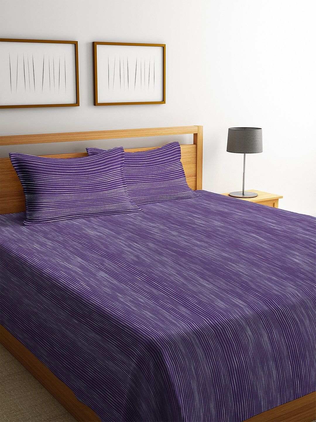 KLOTTHE Violet Striped Double Bed Cover With 2 Pillow Covers Price in India