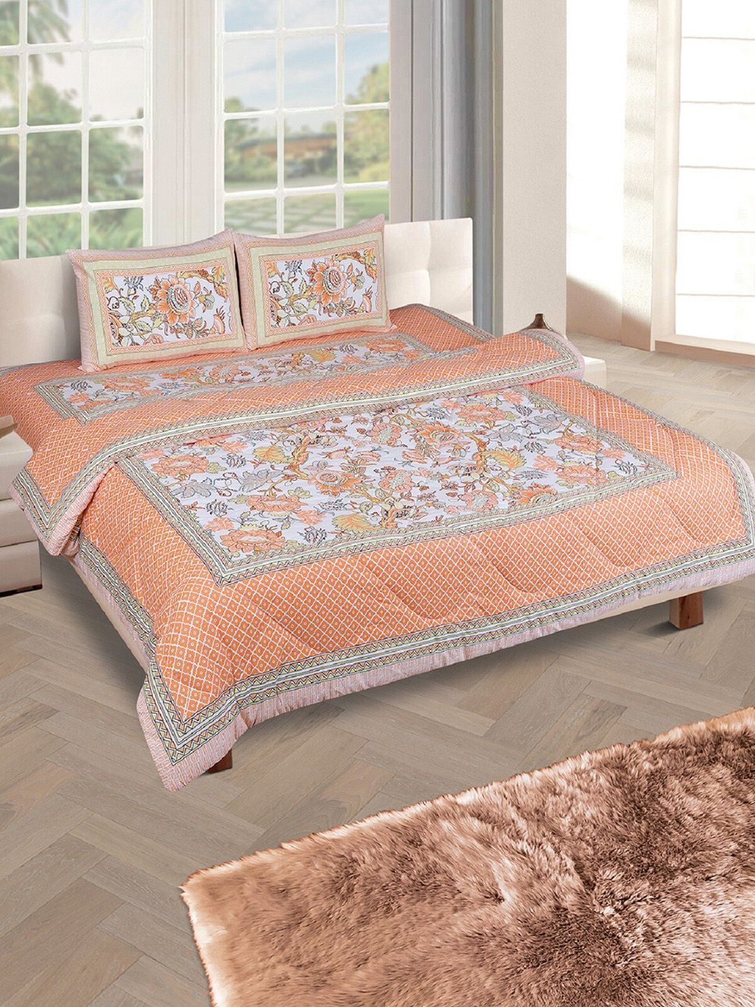ROMEE Orange & White Floral Reversible Quilt With King Size Bedsheet & 2 Pillow Covers Price in India