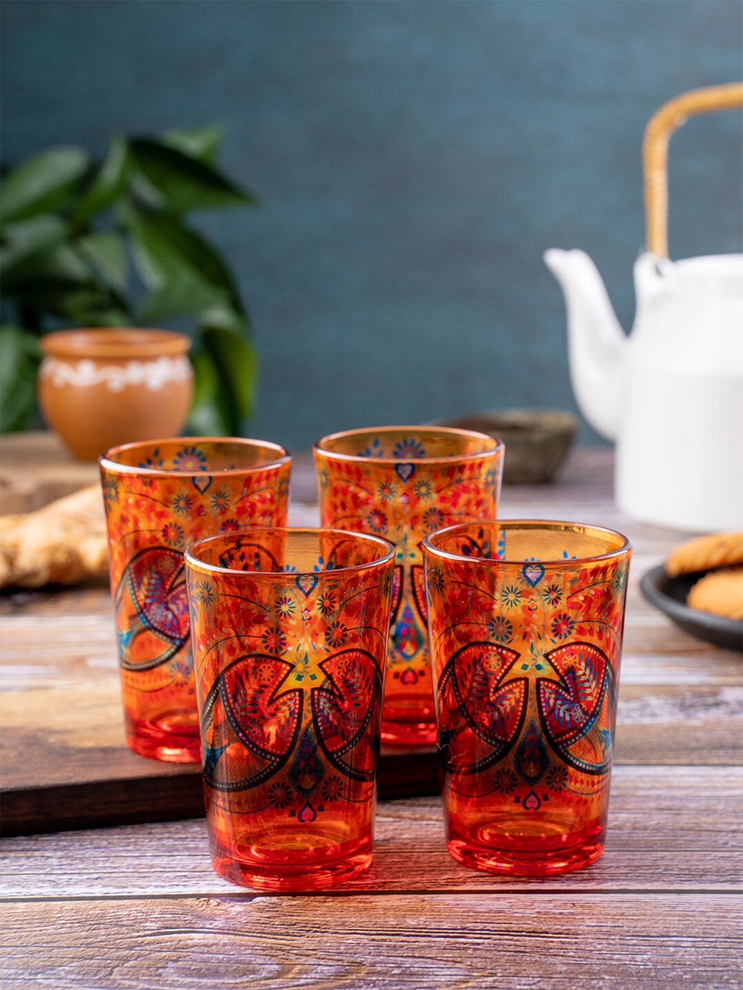 KOLOROBIA Set Of 4 Orange & Blue Hand Painted Truck Art Chai Glasses Price in India
