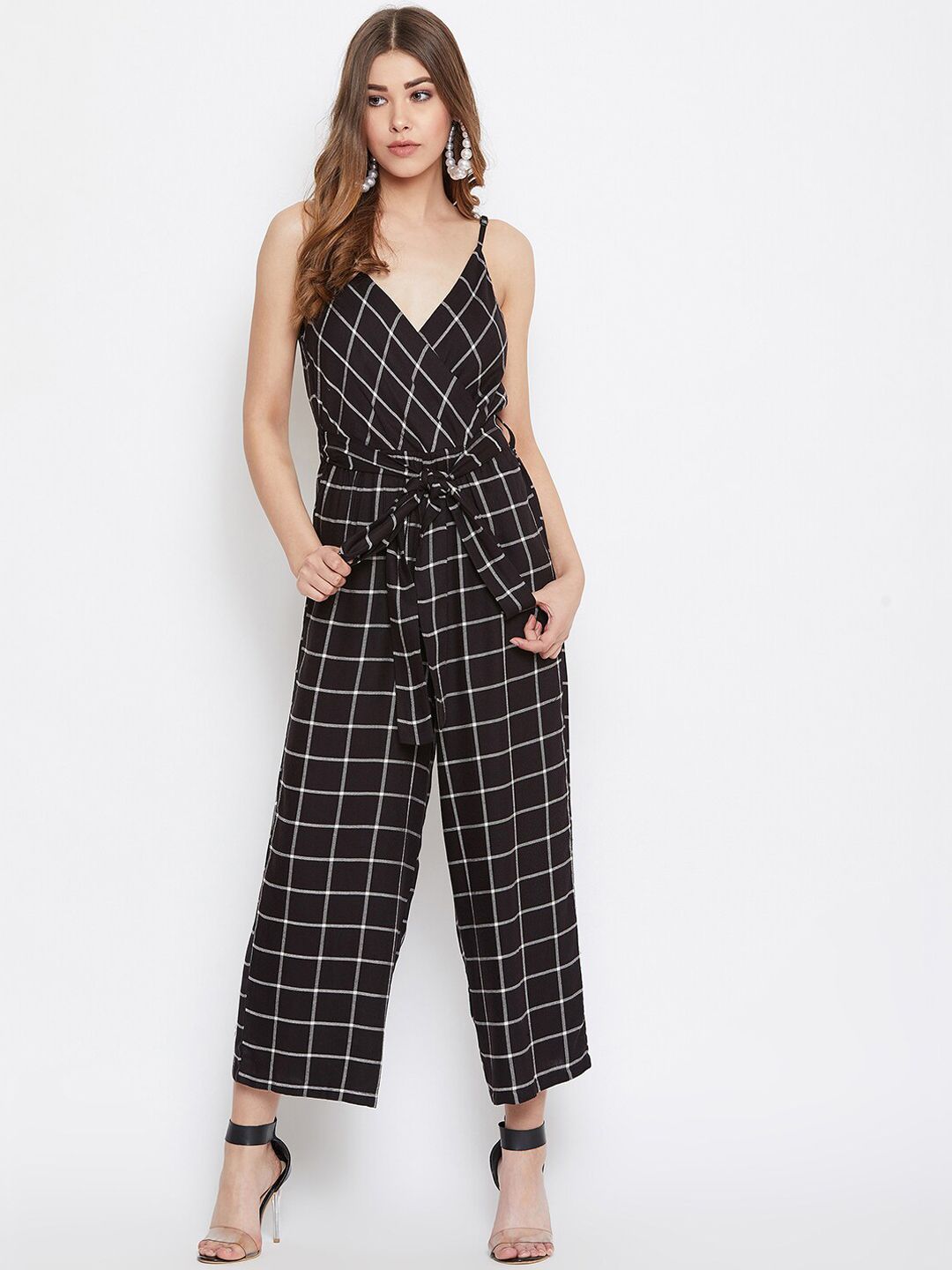 Berrylush Women Black & White Checked Basic Jumpsuit