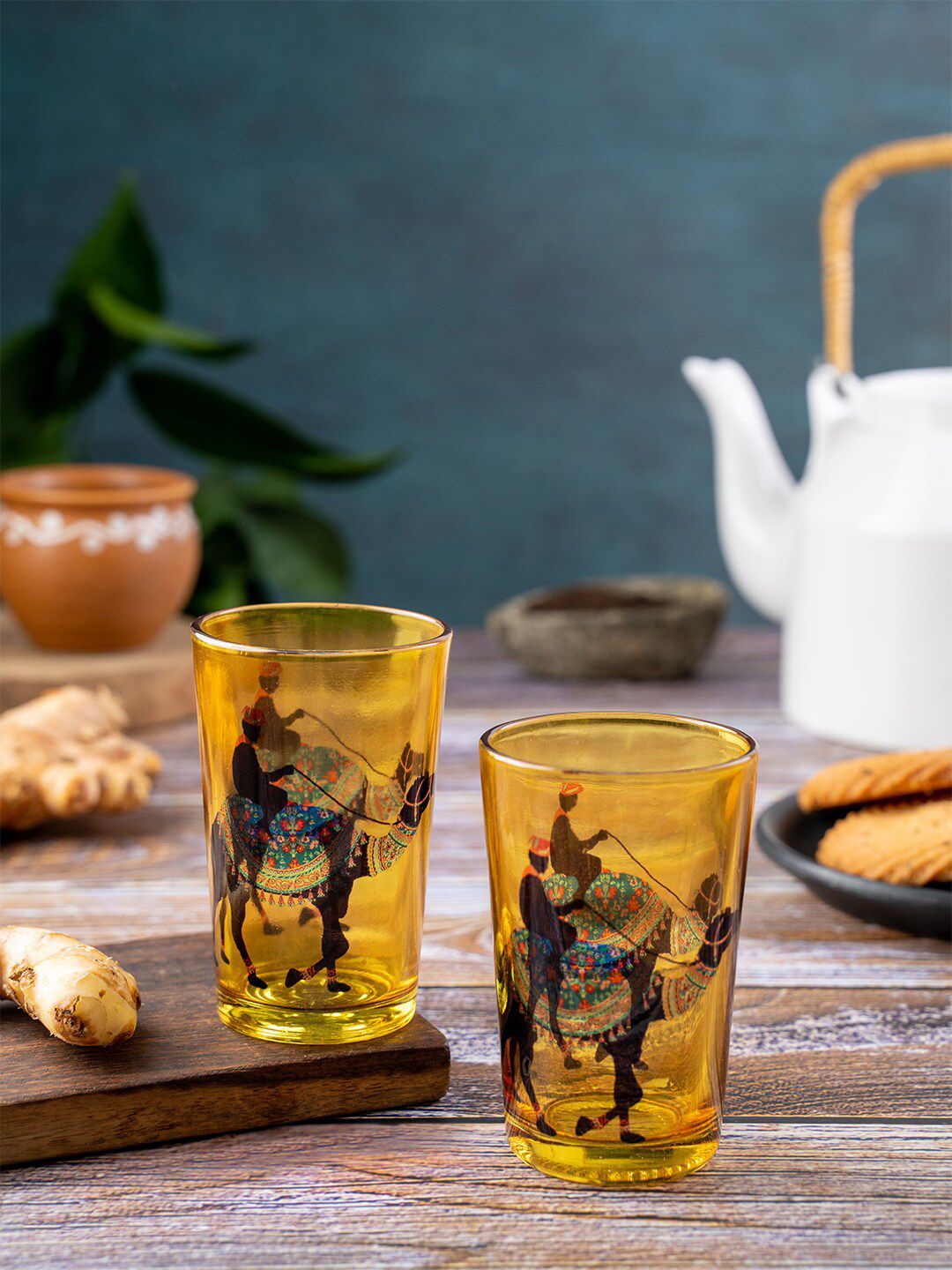 KOLOROBIA Set Of 2 Yellow & Blue Camel Glory Chai Glasses Price in India