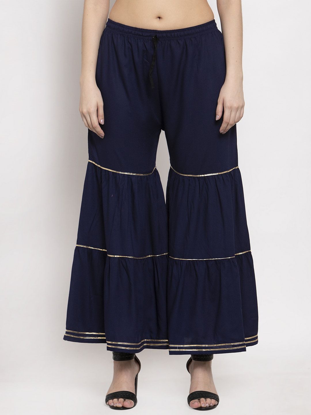 Miaz Lifestyle Women Navy Blue & Gold-Coloured Solid Flared Palazzos Price in India