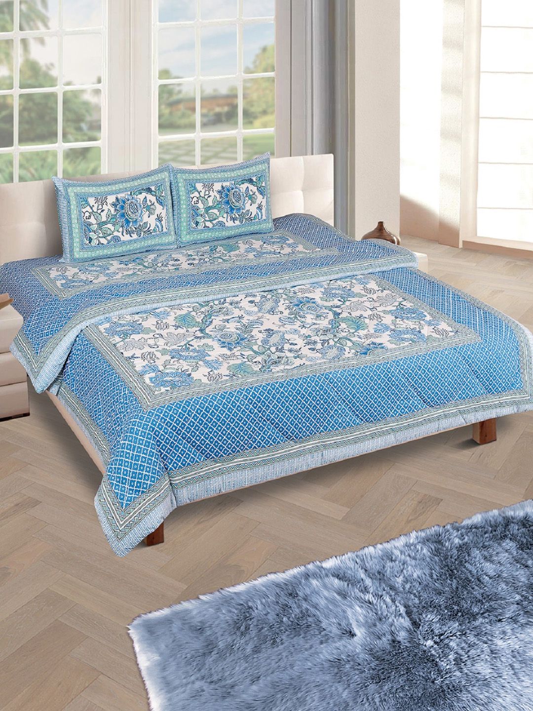 ROMEE Blue & White Floral 210 TC Double King Bedding Set Price in India
