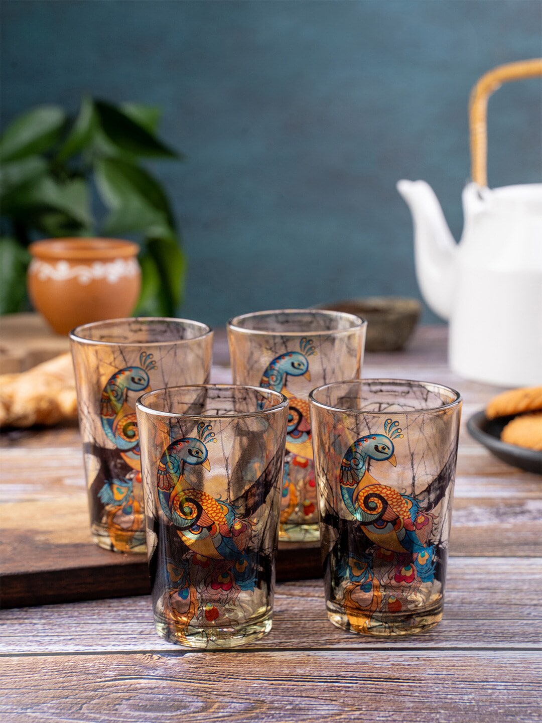 KOLOROBIA Set of 4 Multicoloured Charismatic Peacock Chai Glass Price in India