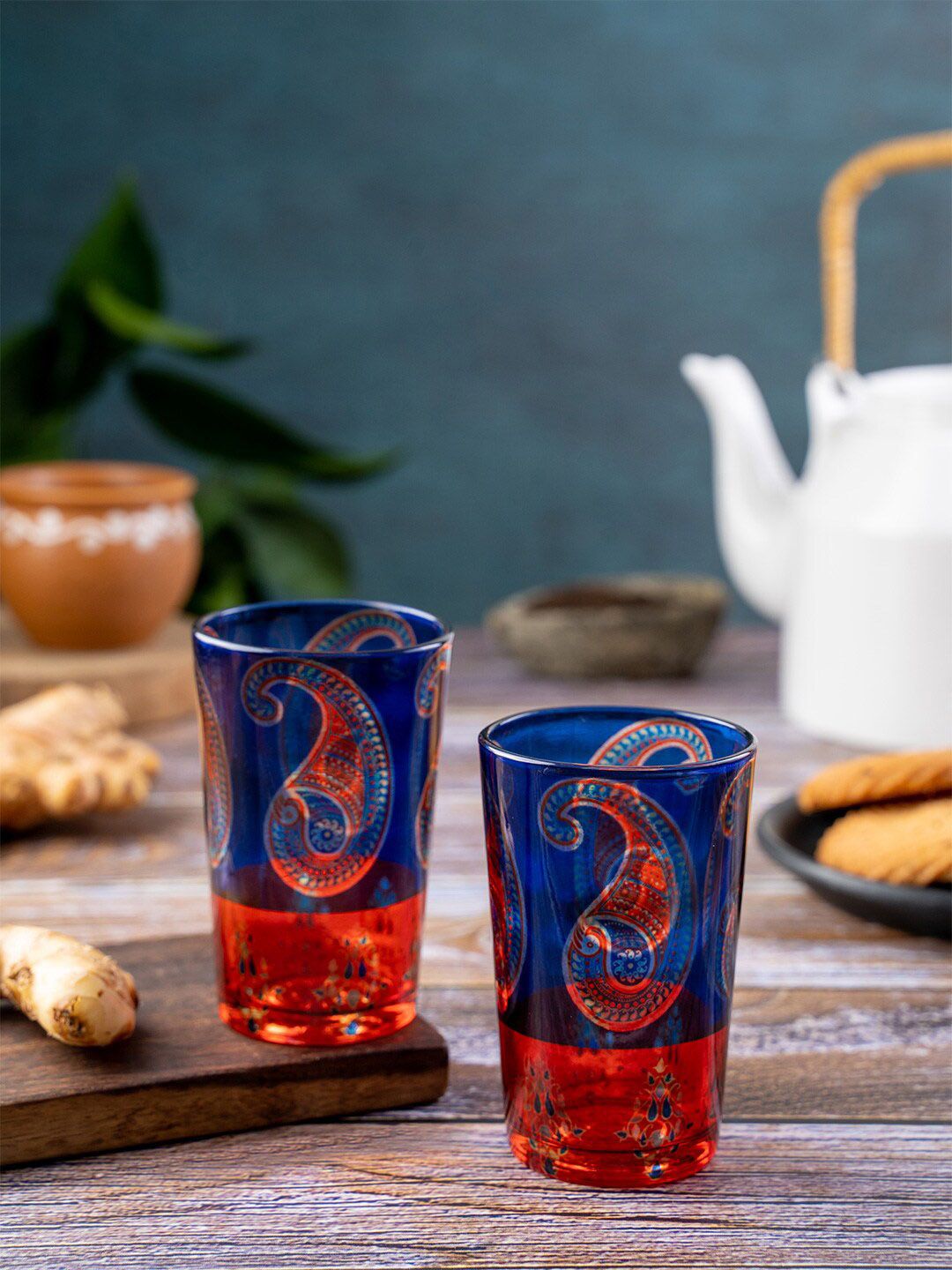 KOLOROBIA Set Of 2 Blue & Red Paisley Printed Chai Glasses Price in India