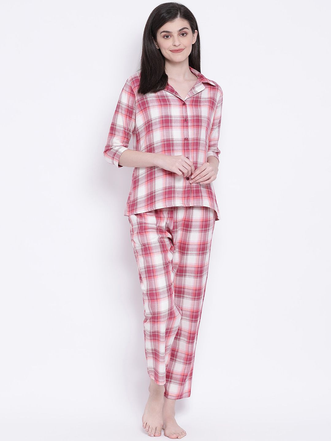 Clovia Women Pink & White Checked Night Suit Price in India