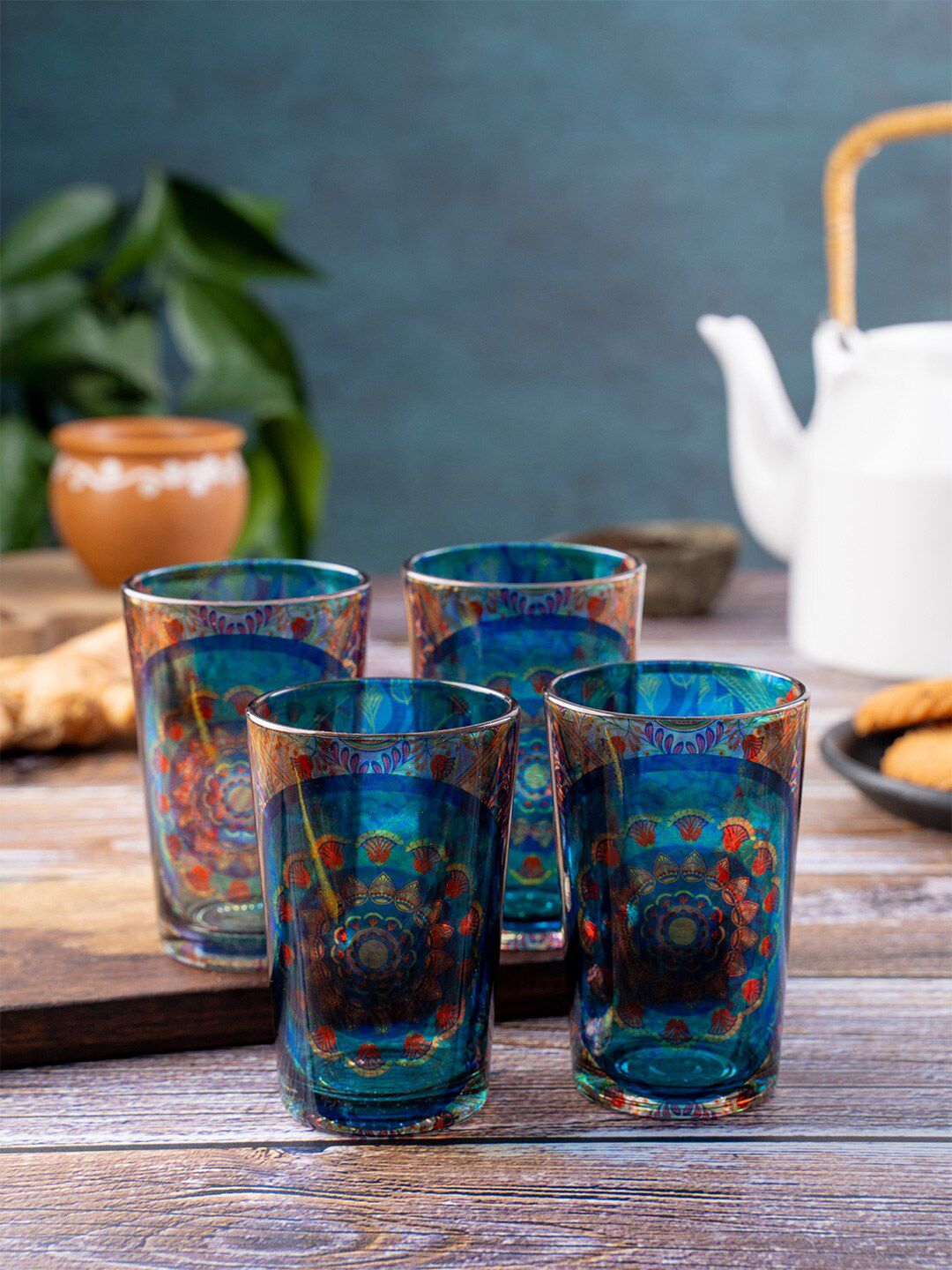 KOLOROBIA Set Of 4 Blue & Orange Egyptian Tranquility Chai Glass Cups Price in India
