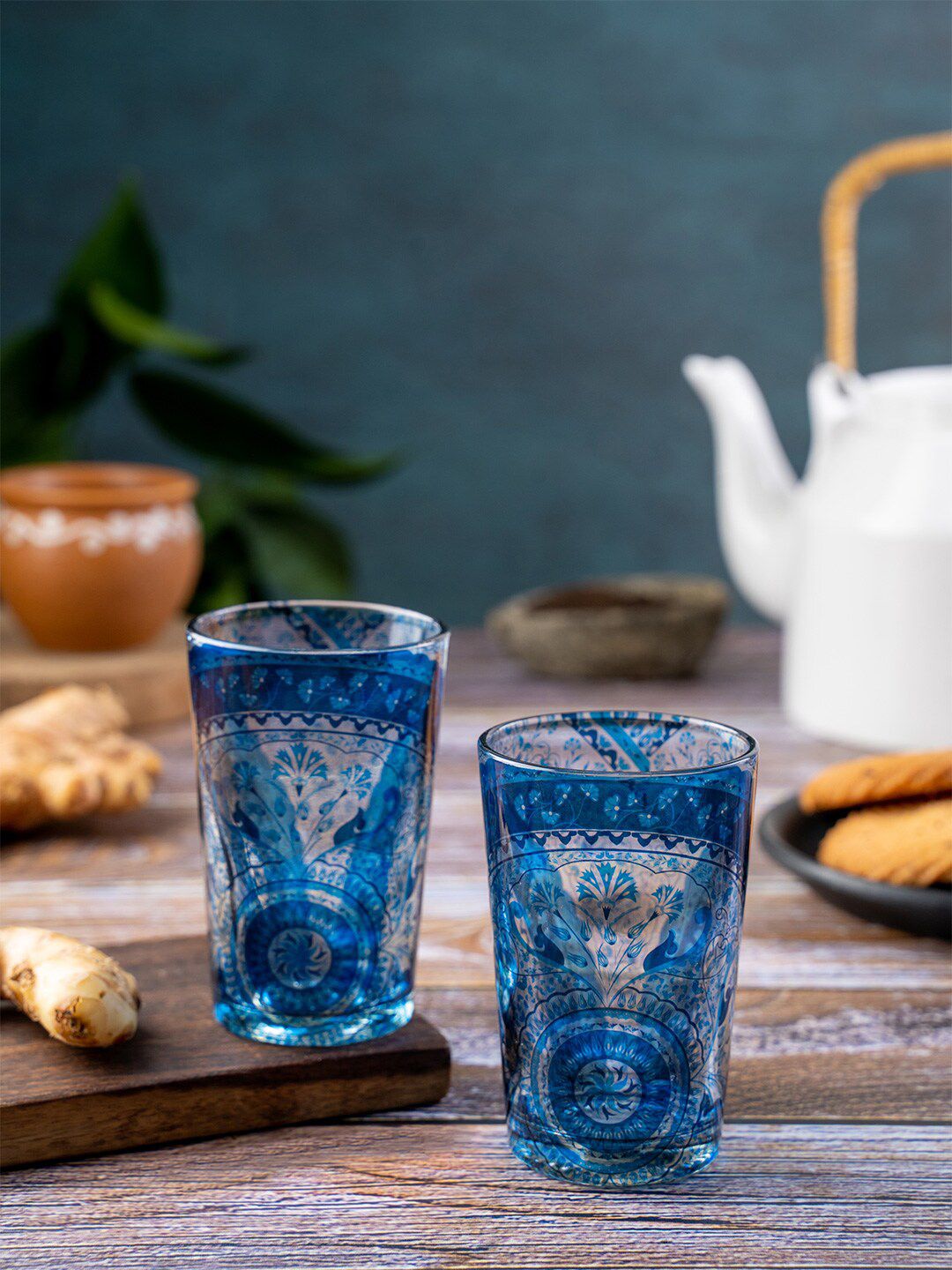 KOLOROBIA Blue Set Of 2 Printed Glass Cups Set Price in India