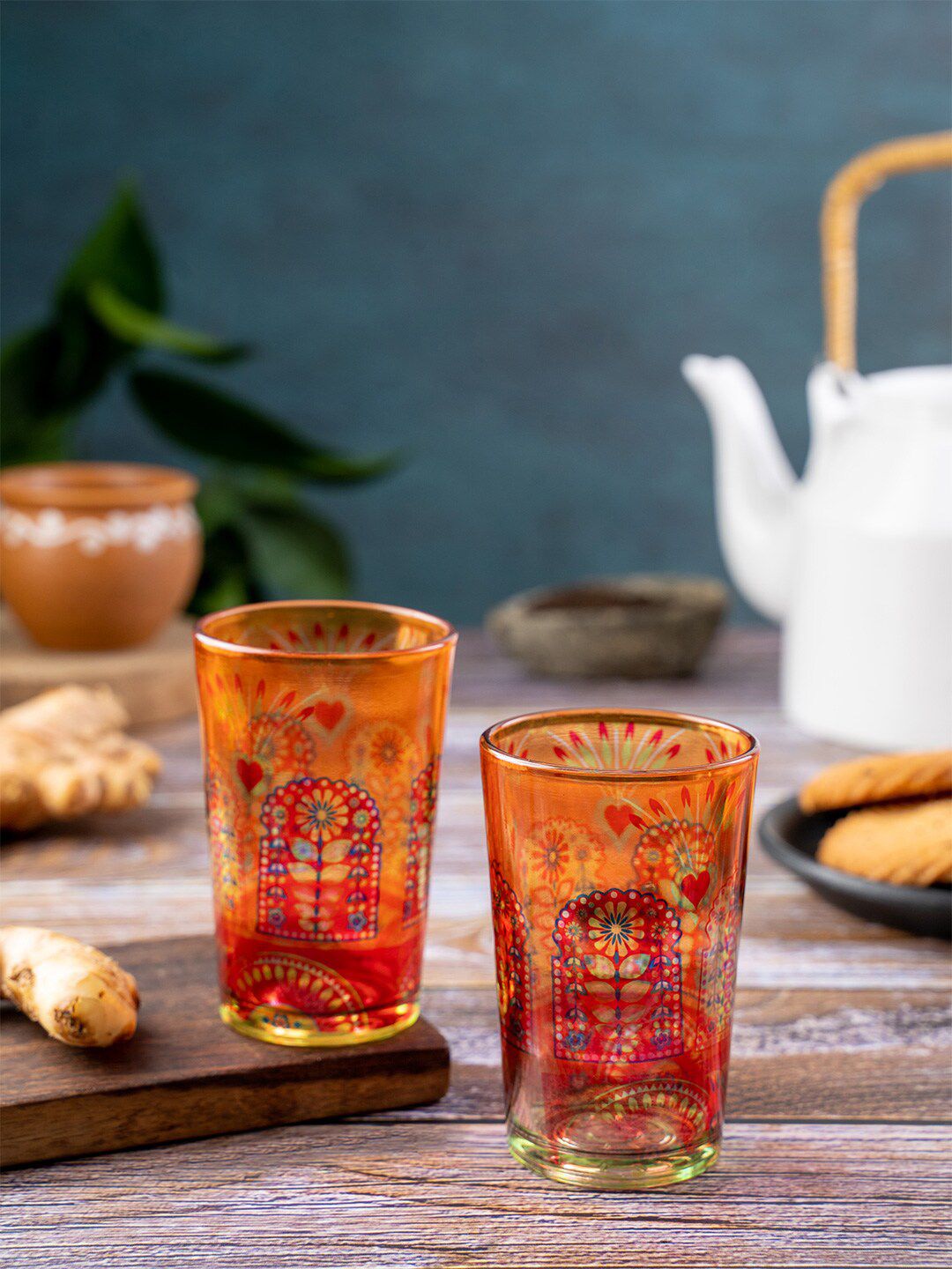 KOLOROBIA Multicoloured Set Of 2 Printed Glass Cups Set Price in India