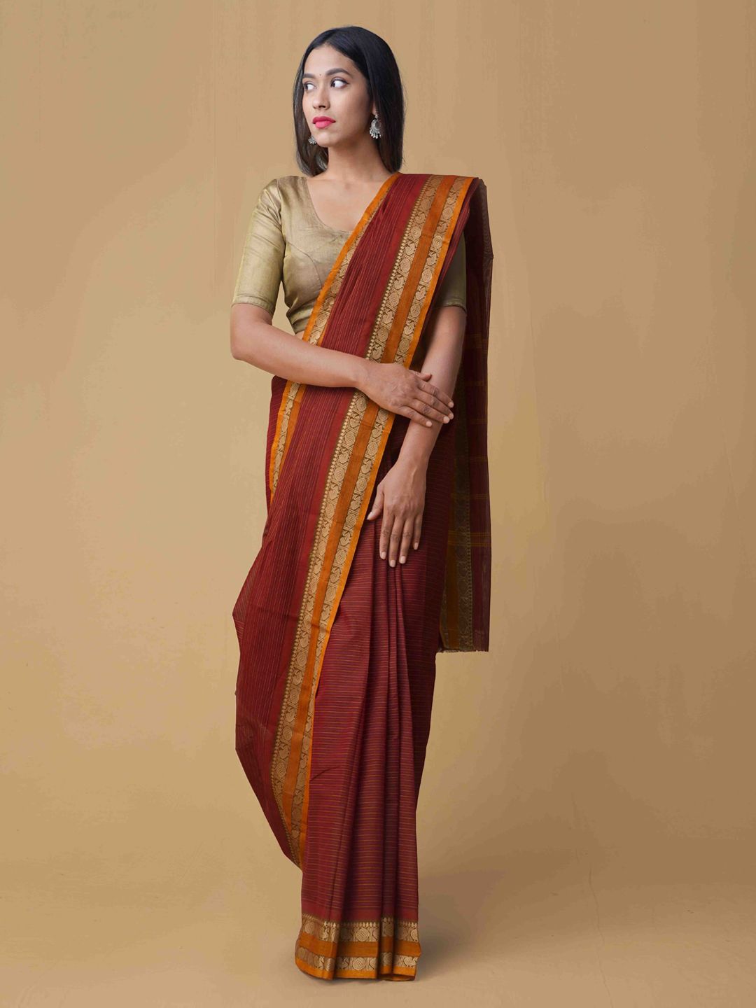 Unnati Silks Maroon Striped Pure Cotton Saree