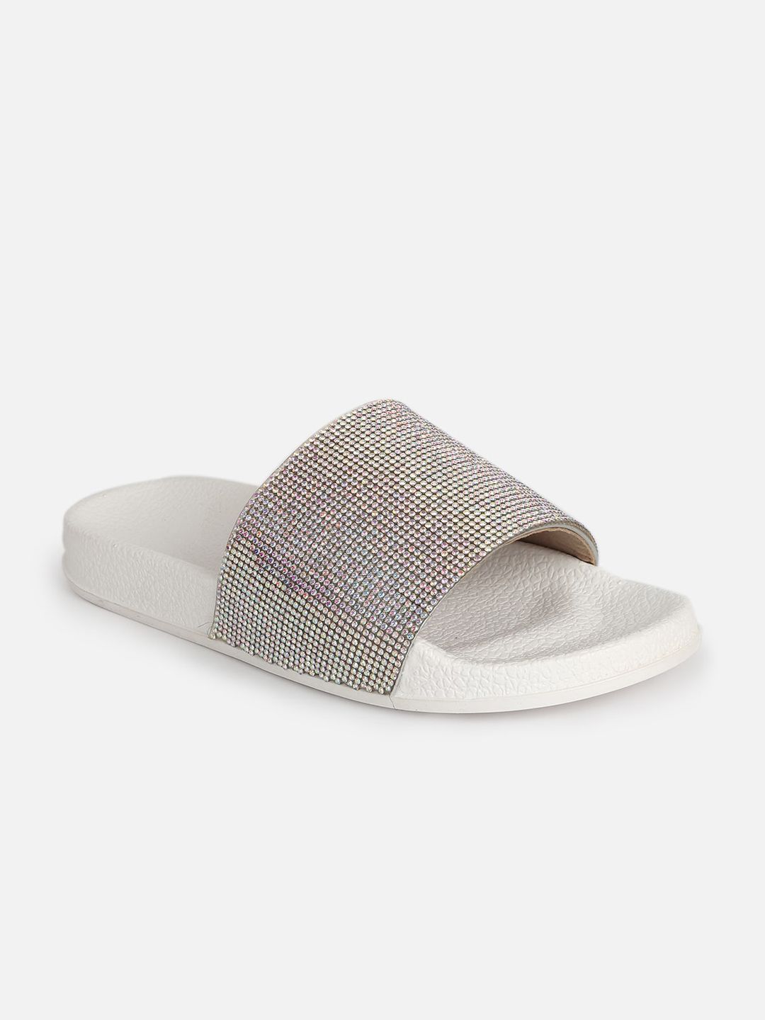 SCENTRA Women Silver-Toned Embellished Sliders Price in India