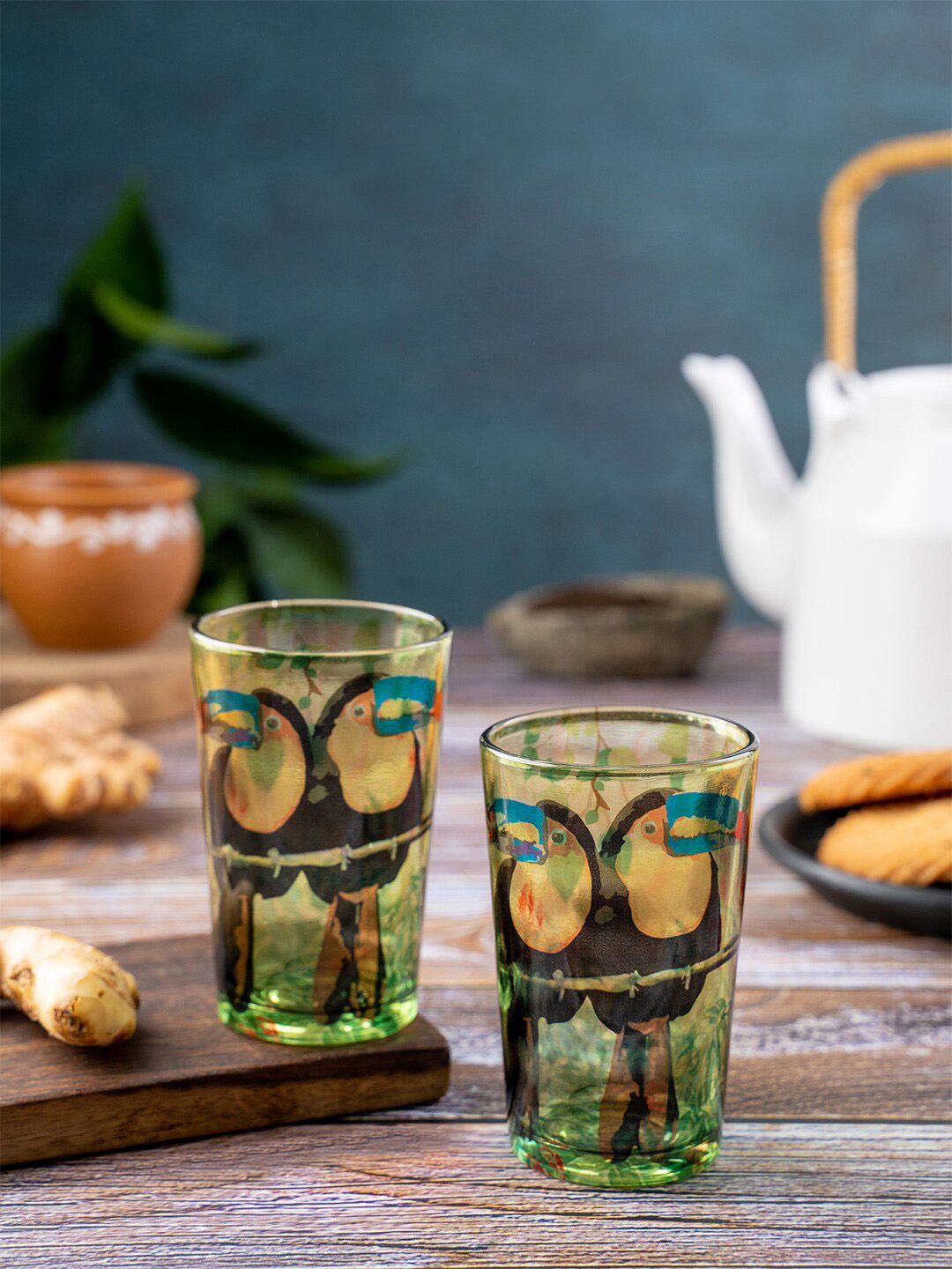 KOLOROBIA Set Of 2 Green & Black Hand Painted Chai Glasses Price in India