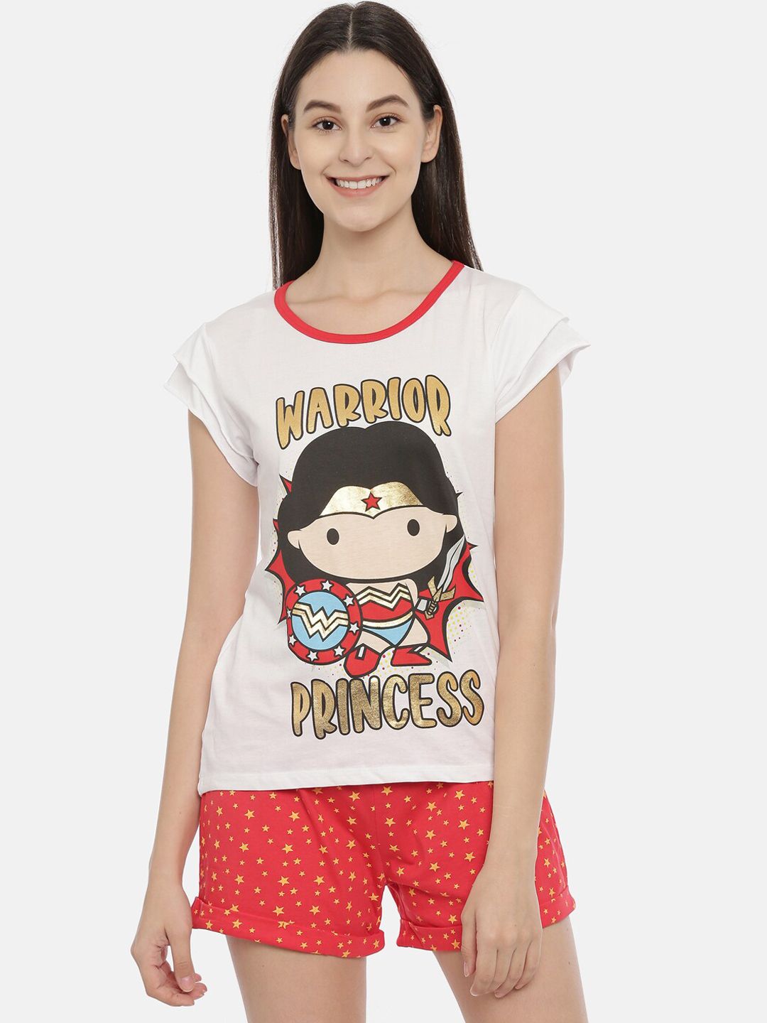 Snarky Gal Women White & Red Official Wonderwoman Chibi Printed Pure Organic Cotton Sustainable Night Suit Price in India