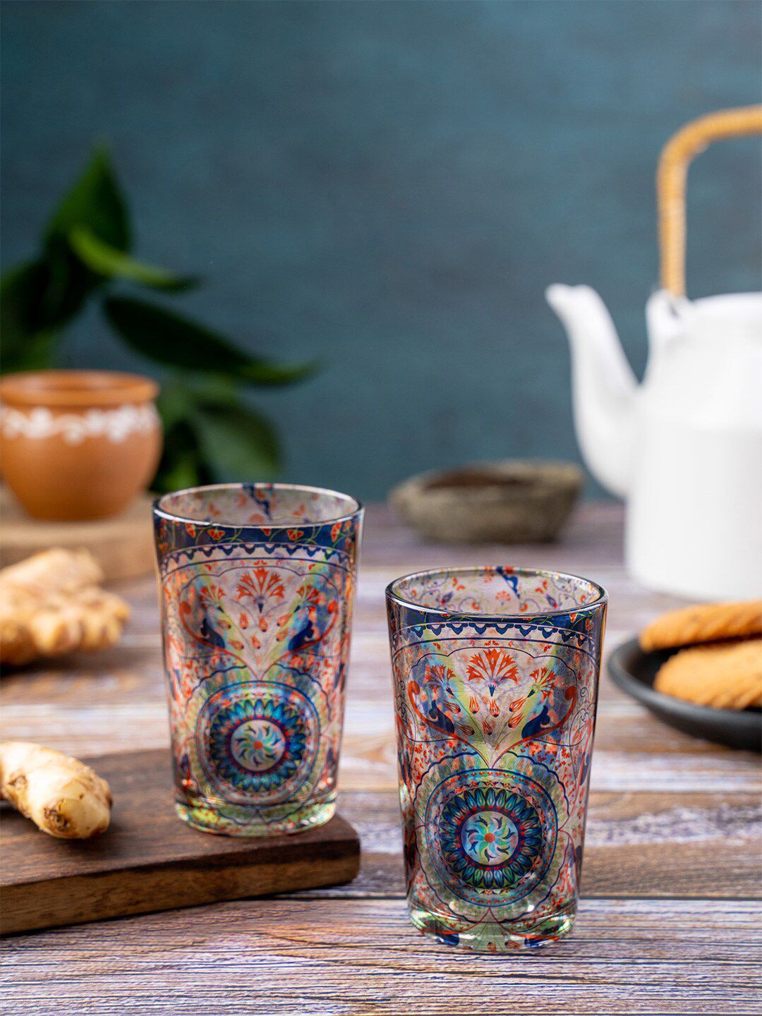 KOLOROBIA KOLOROBIA Set Of 2 Transparent & Red Handpainted Chai Glasses Price in India